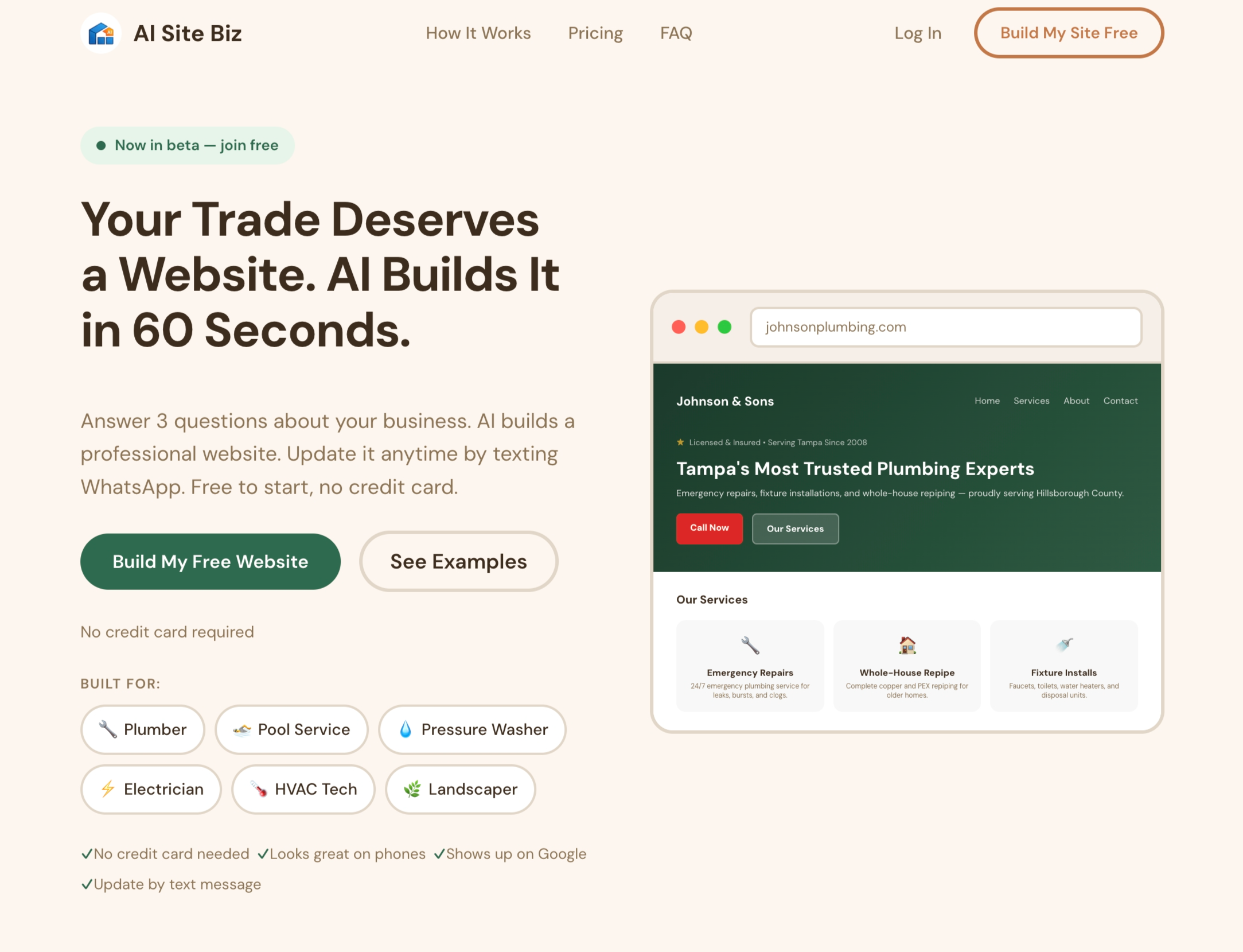 AI Site Biz homepage showing AI website builder for trade businesses