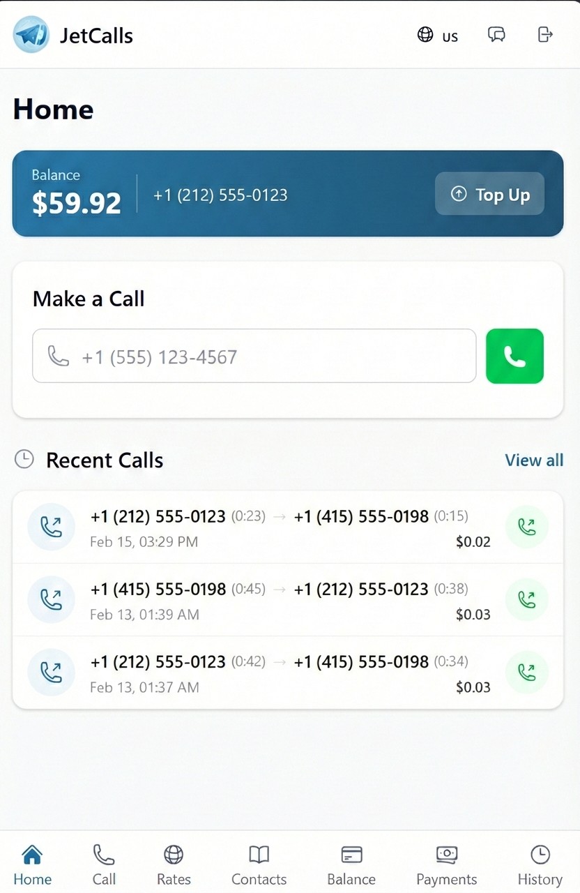 Mobile phone showing JetCalls app interface
